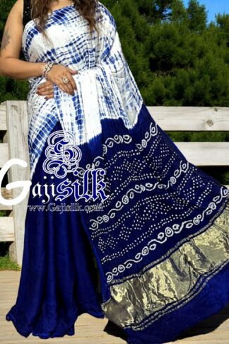 Blue Bandhani Shibori Saree Handmade Gaji Silk