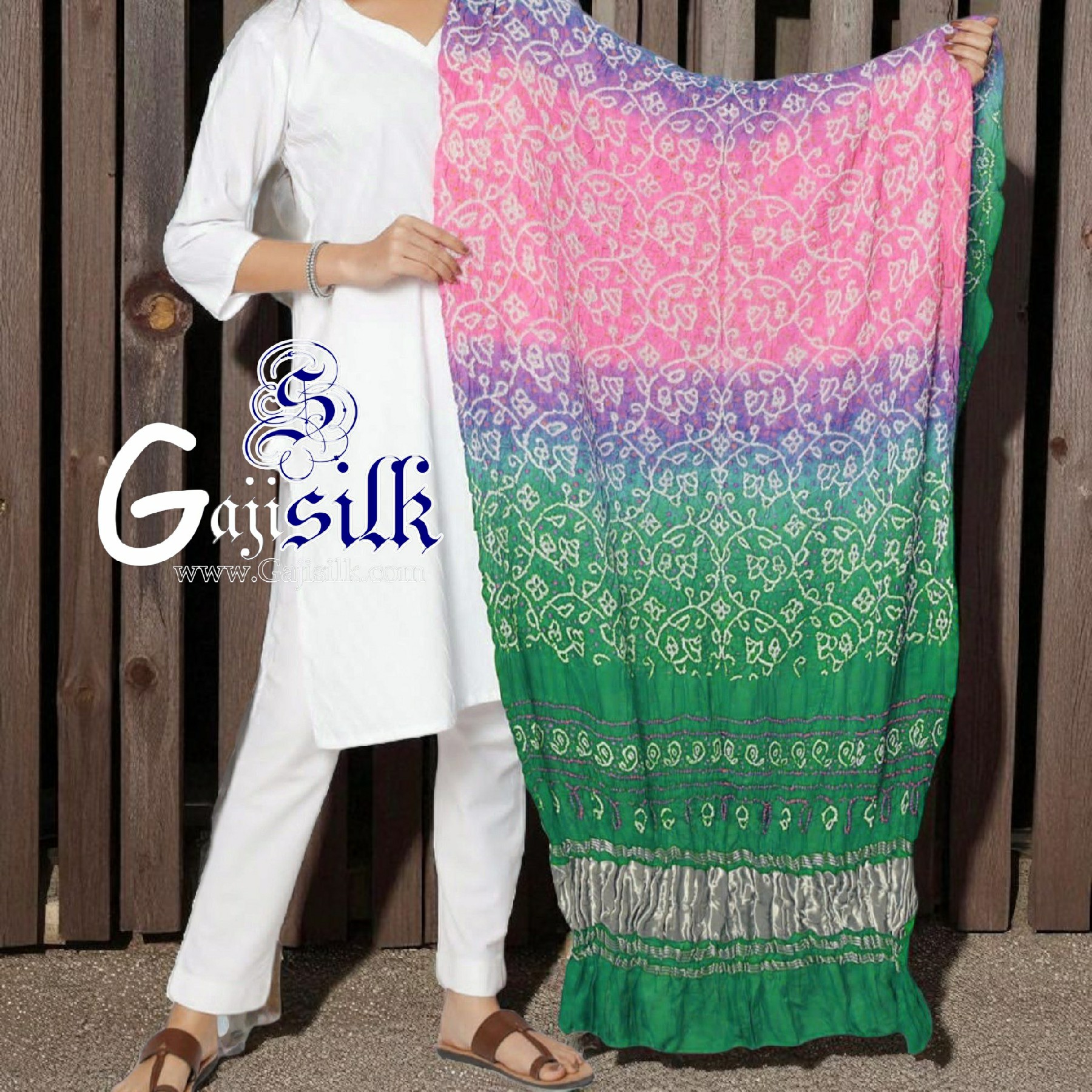 Parrot Shikari Bandhani Dupatta Pure Gaji Silk
