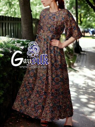 Black Designer Ajrak Anarkali Dress In Pure Silk