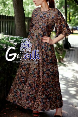 Black Designer Ajrak Anarkali Dress In Pure Silk