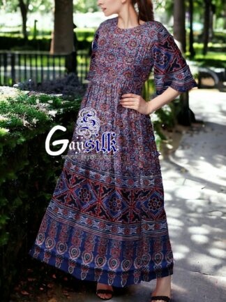 Blue Designer Ajrak Anarkali Dress In Pure Silk