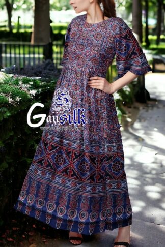 Blue Designer Ajrak Anarkali Dress In Pure Silk