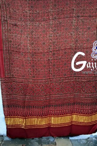 Red Ajrak Dupatta Hand Block Gaji Silk