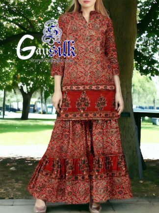 Red Ajrak Designer Sharara Dress Set In PureSilk By Arfat Khatri