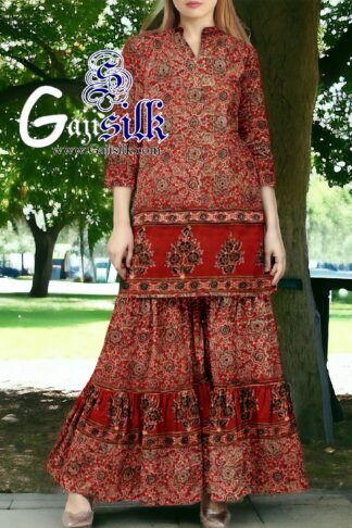 Red Ajrak Designer Sharara Dress Set In PureSilk By Arfat Khatri