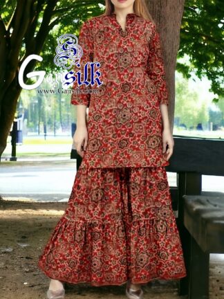 Red Ajrak Designer Sharara Dress Set In Pure Silk By Arfat Khatri