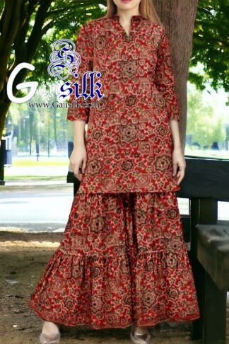 Red Ajrak Designer Sharara Dress Set In Pure Silk By Arfat Khatri