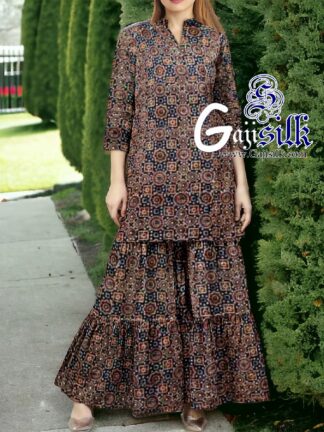 Black Ajrak Designer Sharara Dress Set In PureSilk By Arfat Khatri