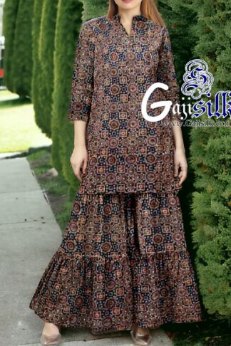 Black Ajrak Designer Sharara Dress Set In PureSilk By Arfat Khatri