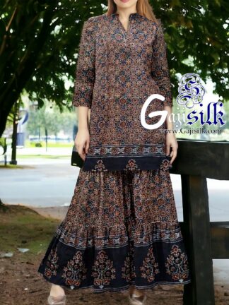 Black Ajrak Designer Sharara Dress Set In Pure Silk By Arfat Khatri
