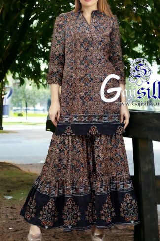 Black Ajrak Designer Sharara Dress Set In Pure Silk By Arfat Khatri