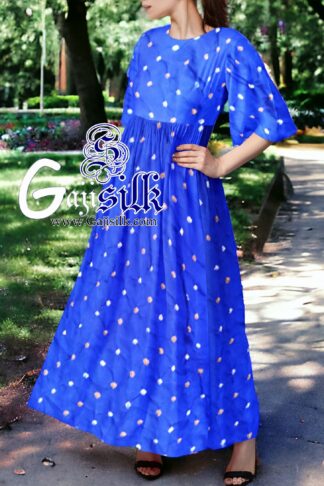 Royal Blue Designer Bandhani Anarkali Dress In Pure Silk