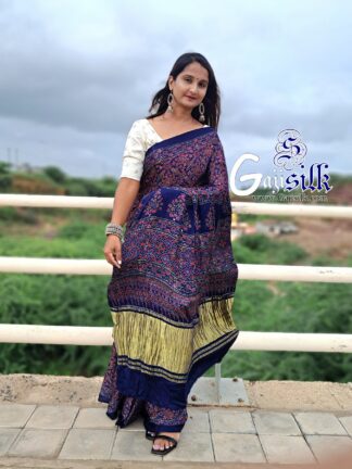 Blue Ajrak Saree Hand Block Gaji Silk Designer