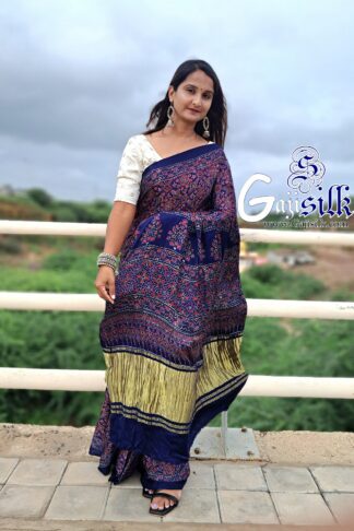 Blue Ajrak Saree Hand Block Gaji Silk Designer