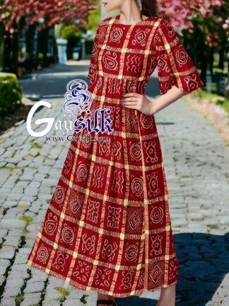 Red Designer Gharchola Bandhani Anarkali Dress In Kala Cotton