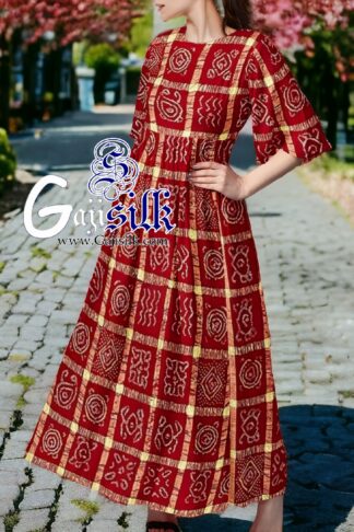 Red Designer Gharchola Bandhani Anarkali Dress In Kala Cotton