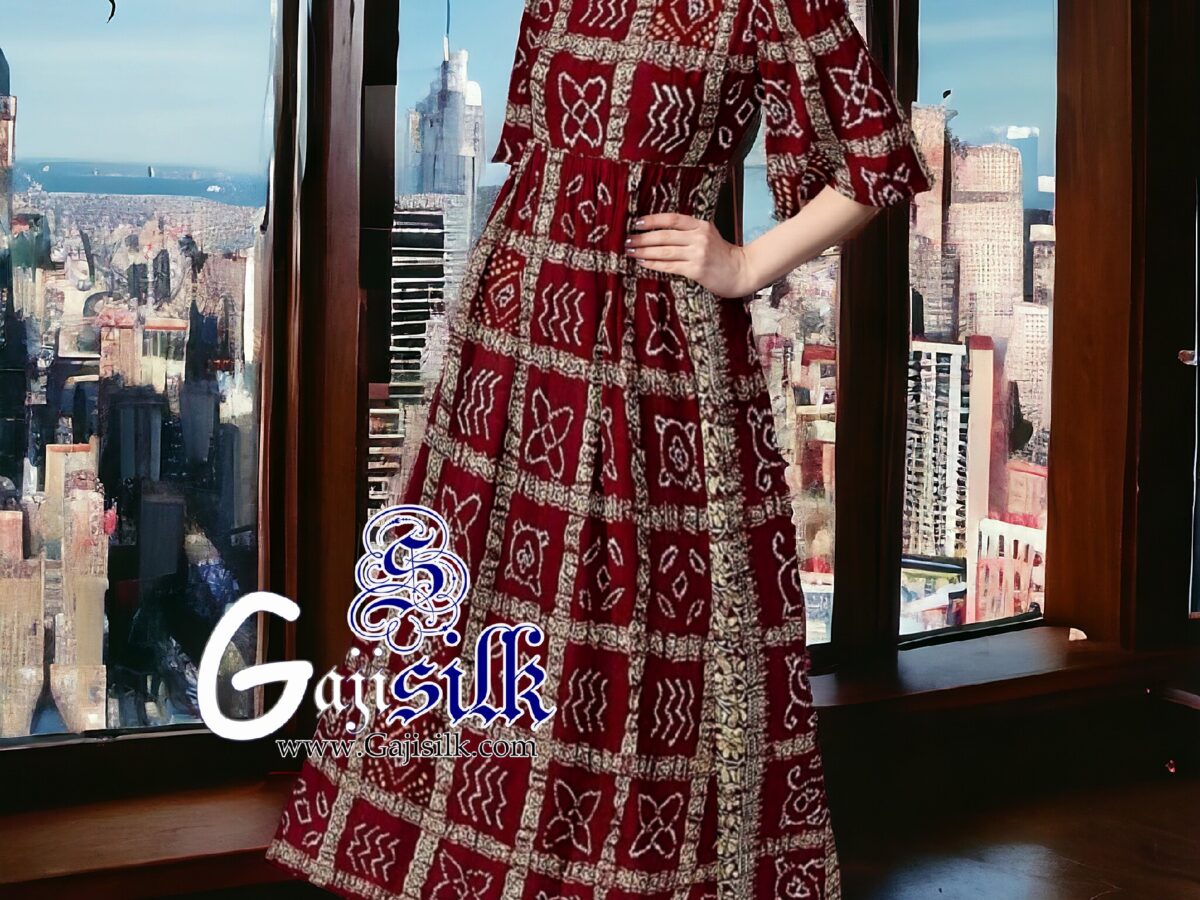 Marron Designer Gharchola Bandhani Anarkali Dress In Pure Silk GAJI SILK Bandhani Ajrak