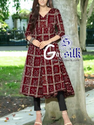 Marron Gharchola Bandhani Short Anarkali Dress In Pure Silk