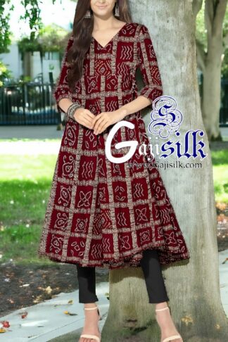 Marron Gharchola Bandhani Short Anarkali Dress In Pure Silk