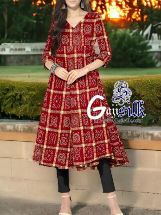 Red Gharchola Bandhani Short Anarkali Dress In Kala Cotton