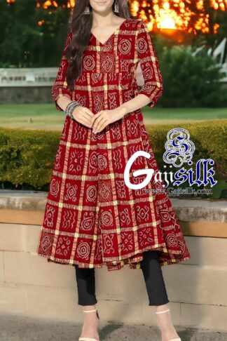 Red Gharchola Bandhani Short Anarkali Dress In Kala Cotton