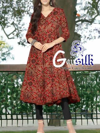 Red Ajrak Short Anarkali Dress Designer In Pure Silk