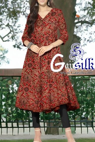 Red Ajrak Short Anarkali Dress Designer In Pure Silk