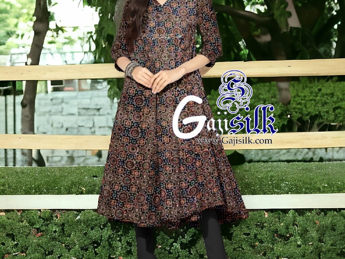 Black Ajrak Short Anarkali Dress Designer In Pure Silk Black Ajrak Short Anarkali Dress Designer In Pure Silk