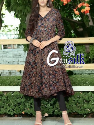 Black Ajrak Short Anarkali Dress Designer In Pure Silk