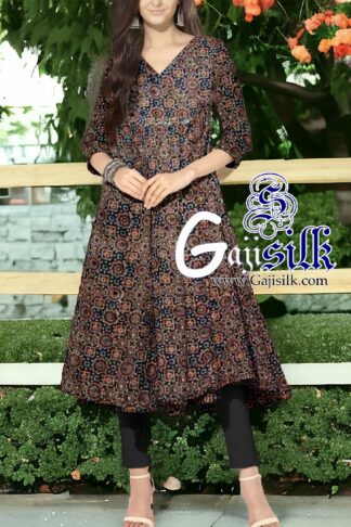 Black Ajrak Short Anarkali Dress Designer In Pure Silk