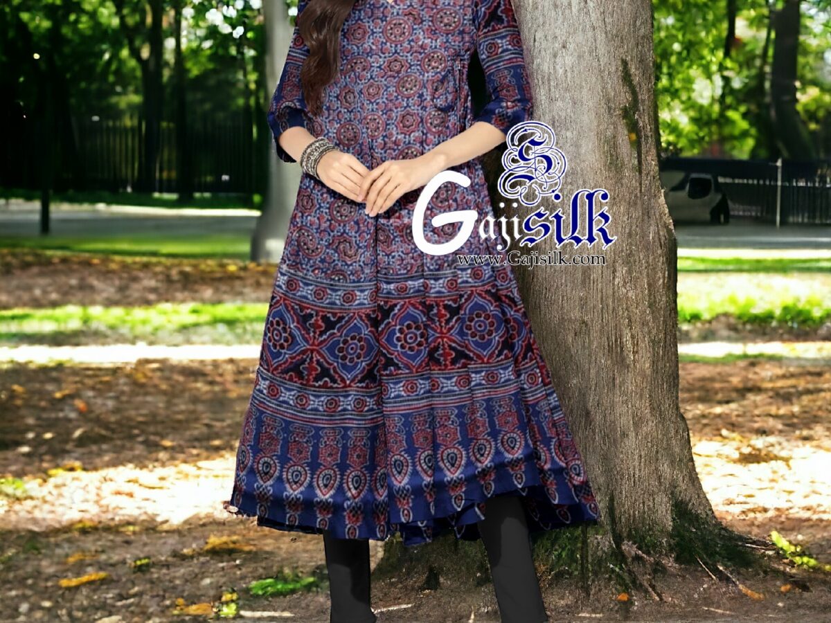 Blue Ajrak Short Anarkali Dress Designer In Pure Silk GAJI SILK Bandhani Ajrak