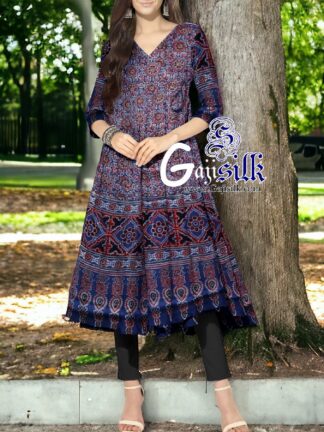 Blue Ajrak Short Anarkali Dress Designer In Pure Silk