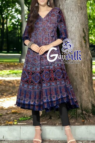 Blue Ajrak Short Anarkali Dress Designer In Pure Silk