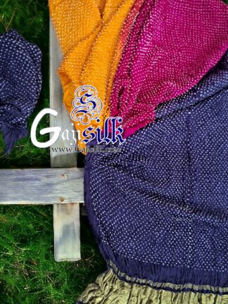 Purple Pink Gold Ombre Designer Rai Bandhani Saree Pure Gaji Silk