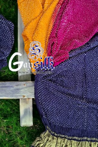 Purple Pink Gold Ombre Designer Rai Bandhani Saree Pure Gaji Silk