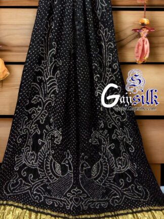Black Peacock Bandhani Pure GajiSilk Dupatta