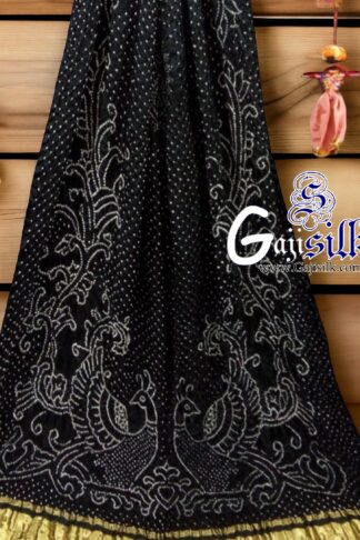 Black Peacock Bandhani Pure GajiSilk Dupatta