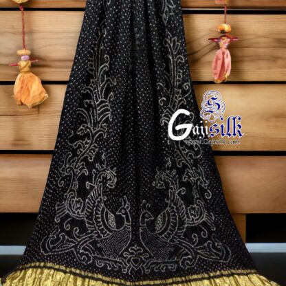 Black Peacock Bandhani Pure GajiSilk Dupatta