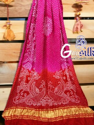 Rani Red Peacock Bandhani Pure GajiSilk Dupatta