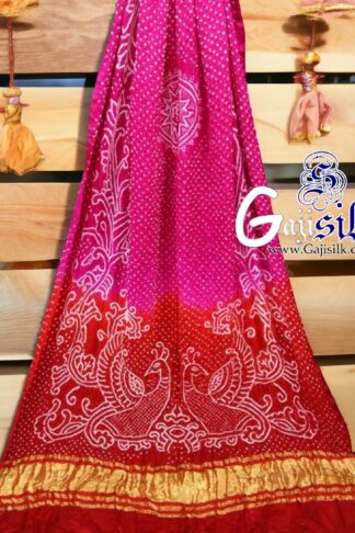 Rani Red Peacock Bandhani Pure GajiSilk Dupatta