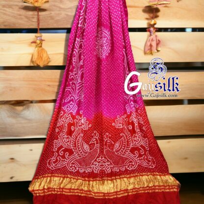 Rani Red Peacock Bandhani Pure GajiSilk Dupatta