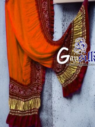 Orange Marron Bandhani Gada Boder Dupatta Panetar Pure GajiSilk