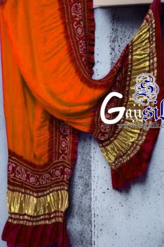 Orange Marron Bandhani Gada Boder Dupatta Panetar Pure GajiSilk