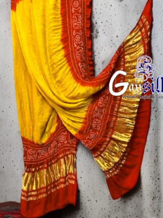 Orange Golden Bandhani Gada Boder Dupatta Panetar Pure GajiSilk