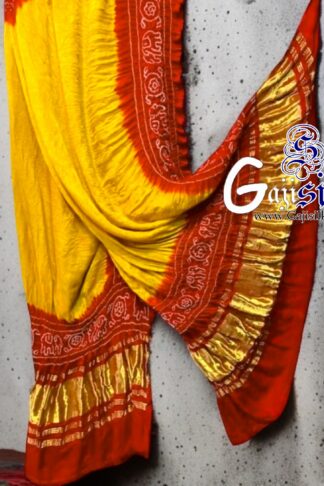 Orange Golden Bandhani Gada Boder Dupatta Panetar Pure GajiSilk