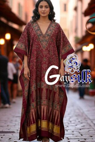 Marron Ajrak Kaftan Gaji Silk Arfat Khatri Designer