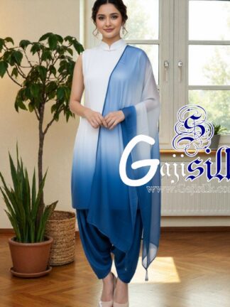 Sky Blue White Plain Ombre Suit Gaji Silk Dress Material