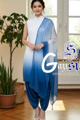 Sky Blue White Plain Ombre Suit Gaji Silk Dress Material