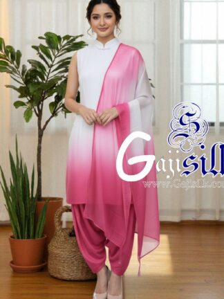 Pink White Plain Ombre Suit Gaji Silk Dress Material