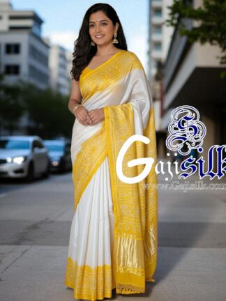 Yellow White Panetar Ras Mandal Bandhani Saree Pure Gaji Silk